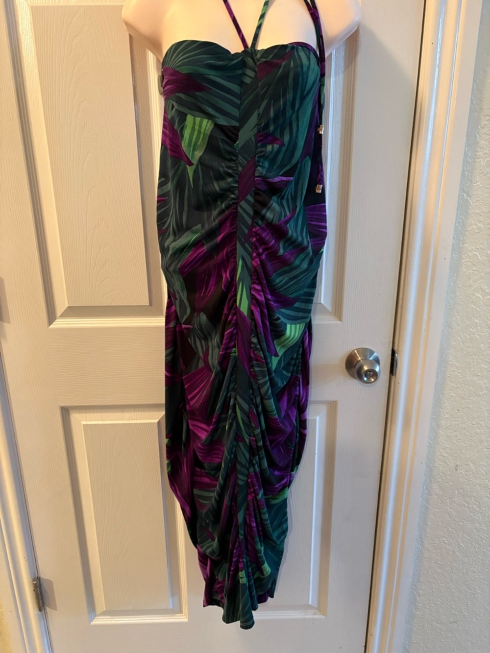 Strapless Tropical Leaf Midi Dress in Green & Purple